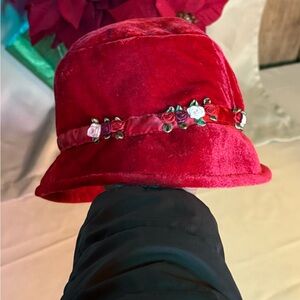 Red Velvet Bucket Hat with Floral Accents